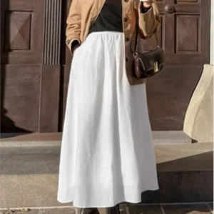 Cotton Linen White Long Skirt High Waist Casual Spring Autumn Skirt