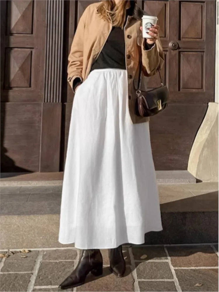 Cotton Linen White Long Skirt High Waist Casual Spring Autumn Skirt