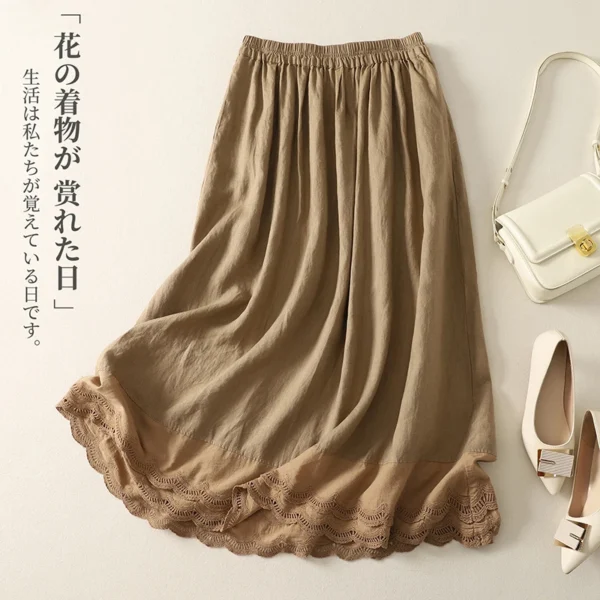 Women Retro Cotton Linen Lace A-Line Long Skirt Summer Casual - Image 4