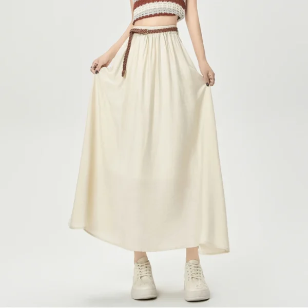 Summer Cotton Linen High Waist A-Line Midi Skirt Women Casual Elegant - Image 2