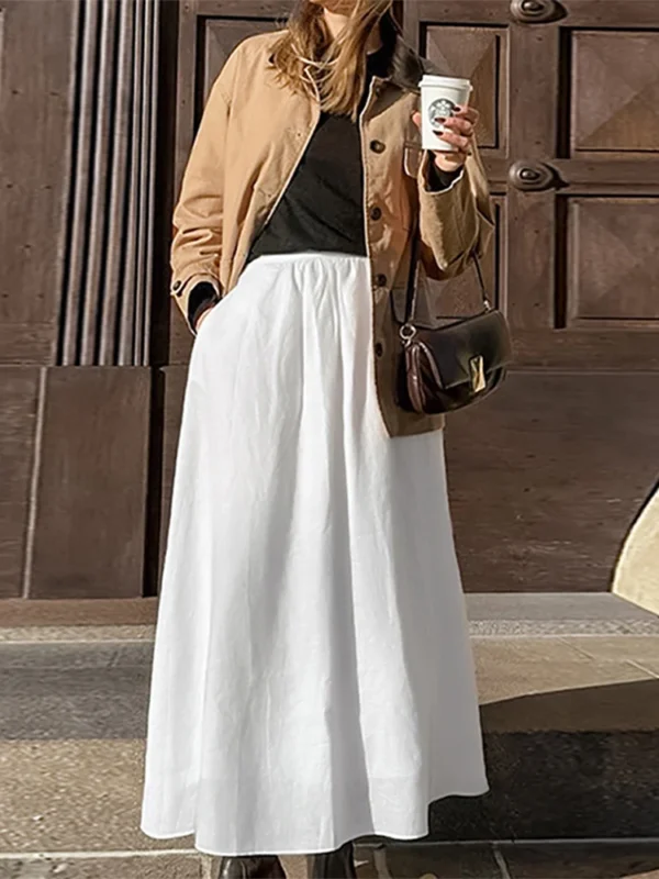 Solid Cotton Linen High Waist Pleated A-Line Maxi Skirt Women Fashion - Image 6