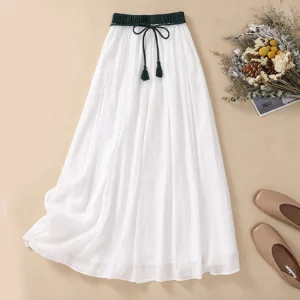 Cotton Linen Skirts For Women A-Line Elastic Waist High Waisted Summer Skirt
