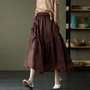Spring Cotton Linen Skirt Double Layer Elegant Long Korean Fashion Style