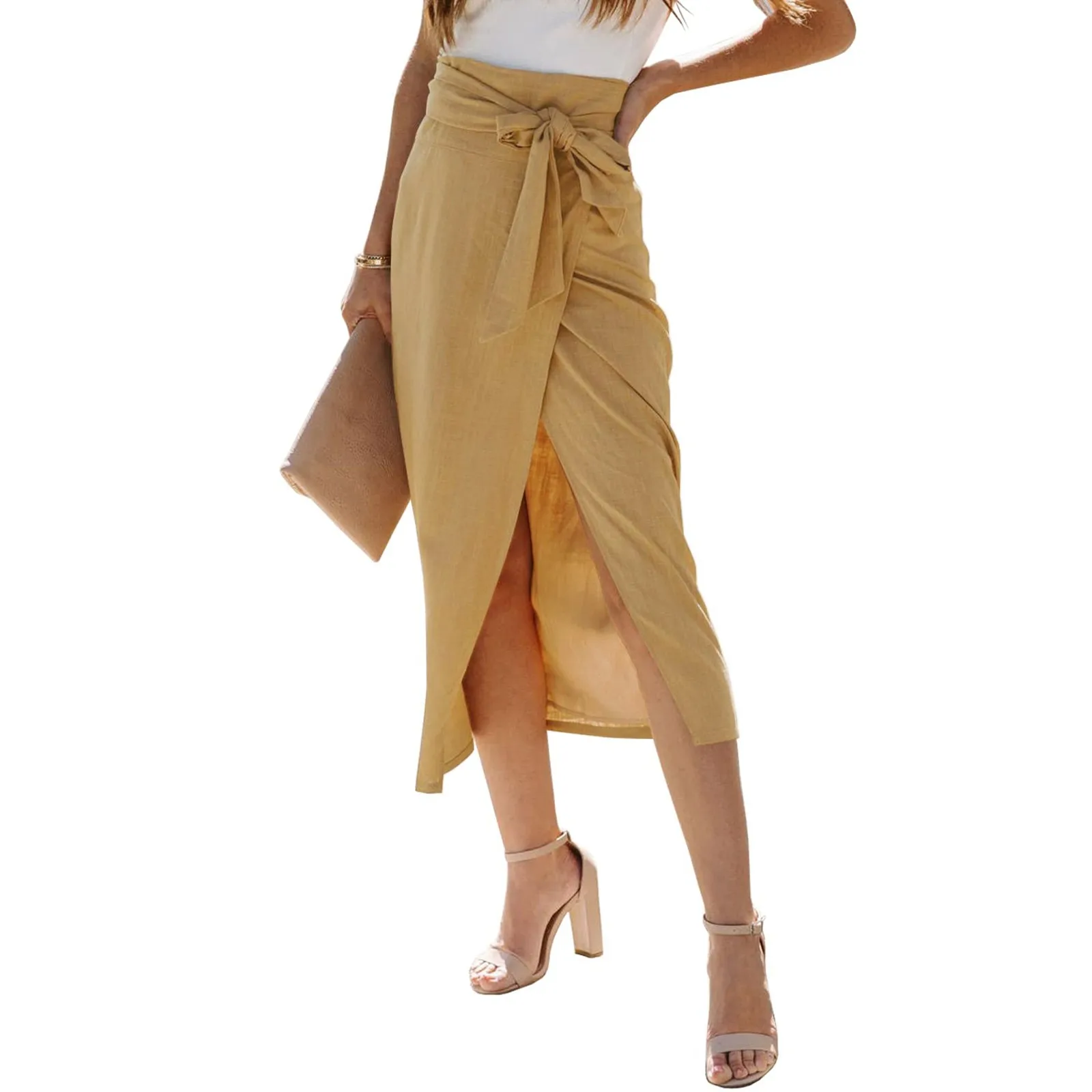 Casual Solid Bodycon Wrapped Skirt Cotton Linen Belted Split Long Skirt - Image 8