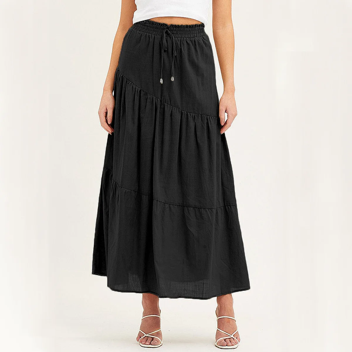 High Waist A-Line Lace Up Long Skirt Cotton Linen Casual Elegant Skirt - Image 2