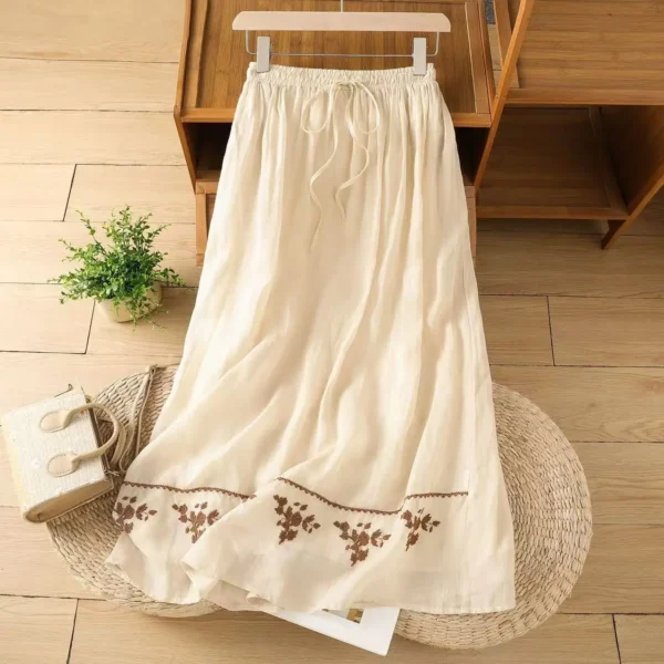 Retro Cotton Linen Embroidered High Waist A-Line Skirt Women - Image 3