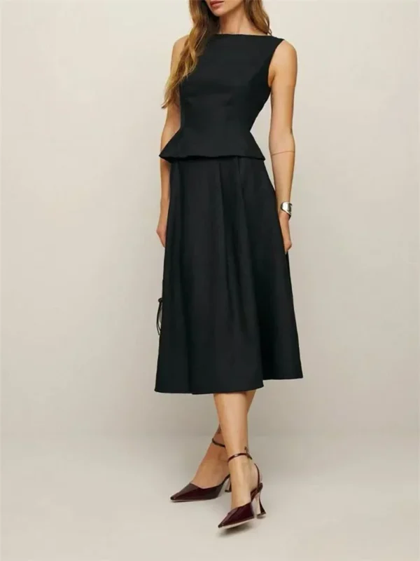 Women 100% Linen Sleeveless Top And A-Line Midi Skirt Set Outfit - Image 5