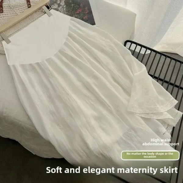 Maternity Summer Cotton Linen Embroidered A-Line Slim Midi Skirt - Image 3