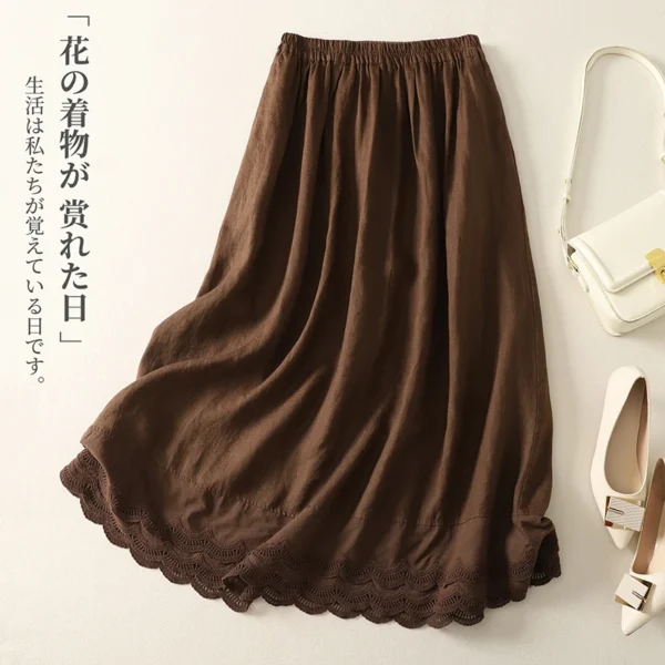 Women Retro Cotton Linen Lace A-Line Long Skirt Summer Casual - Image 3