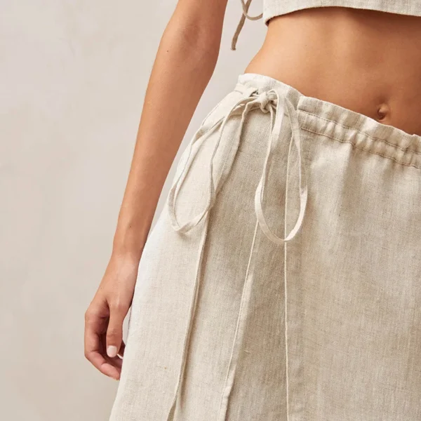 100% Linen Retro French Waist Tie Split Midi Skirt Women Summer Elegant - Image 6