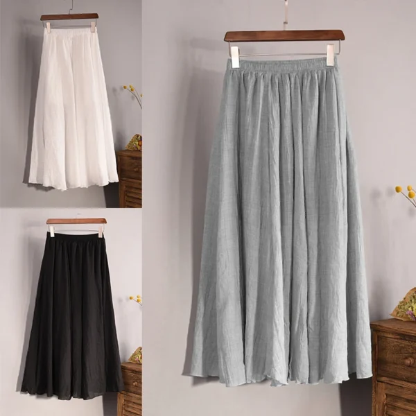 Vintage Cotton Linen Pleated Maxi Skirt Women Summer Beach Wear - Image 5