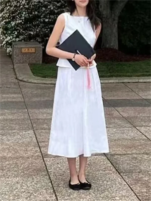 Women 100% Linen Sleeveless Top And A-Line Midi Skirt Set Outfit - Image 6