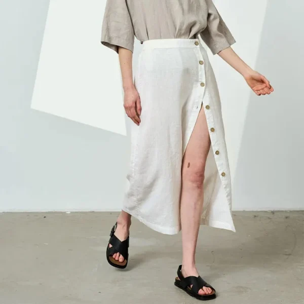 Summer Linen Cotton Skirt High Waist Side Split Casual Mid-Length Style - Image 2