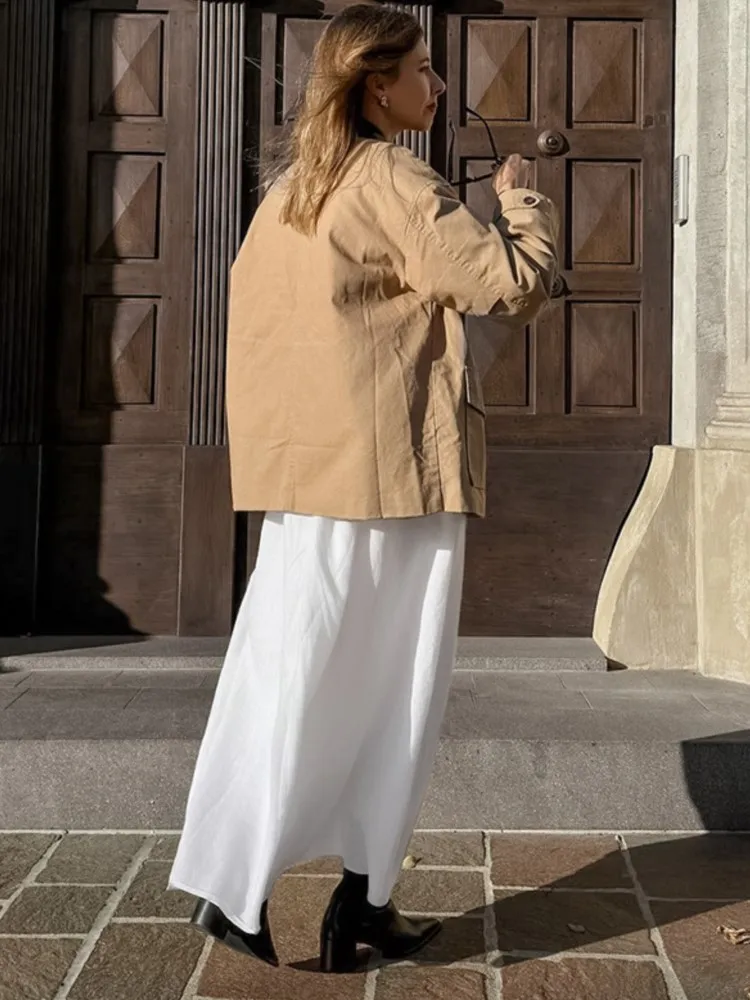 Cotton Linen White Long Skirt High Waist Casual Spring Autumn Skirt - Image 3