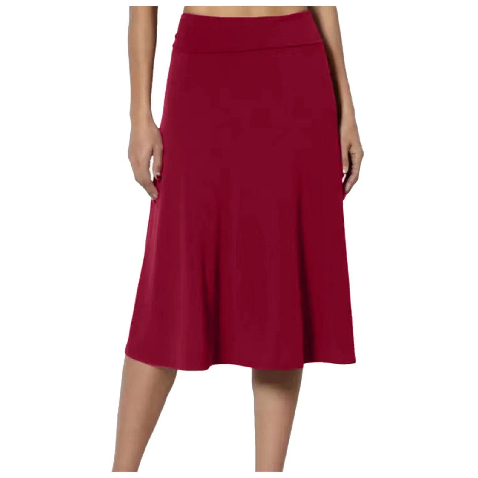 Women's Solid Skirt Lightweight Flare Hem Knee Length High Waist Mid Swing Skirt - Image 6