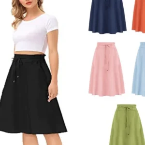 Women's Casual Cotton And Linen Skirt Drawstring High Waist A-Line Midi Skirt