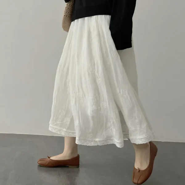 Maternity Summer Cotton Linen Embroidered A-Line Slim Midi Skirt - Image 4