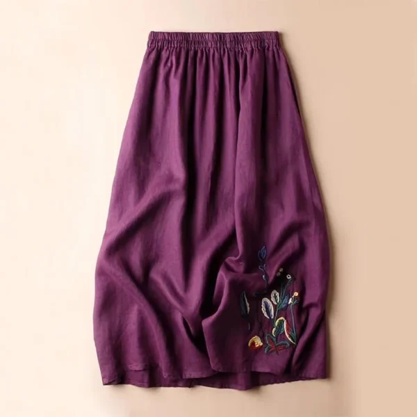Vintage Cotton Linen Skirt Women High Waist Embroidery A-Line Midi Skirt - Image 3