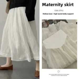 Maternity Summer Cotton Linen Embroidered A-Line Slim Midi Skirt