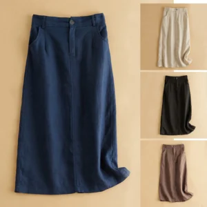 High Waist Cotton Linen Mid-Length Skirt Women Korean Office Style