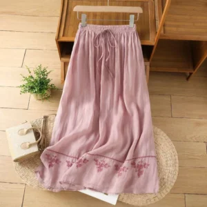 Retro Cotton Linen Embroidered High Waist A-Line Skirt Women
