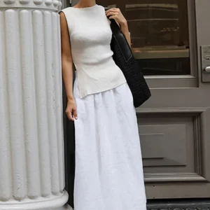Solid Cotton Linen High Waist Pleated A-Line Maxi Skirt Women Fashion