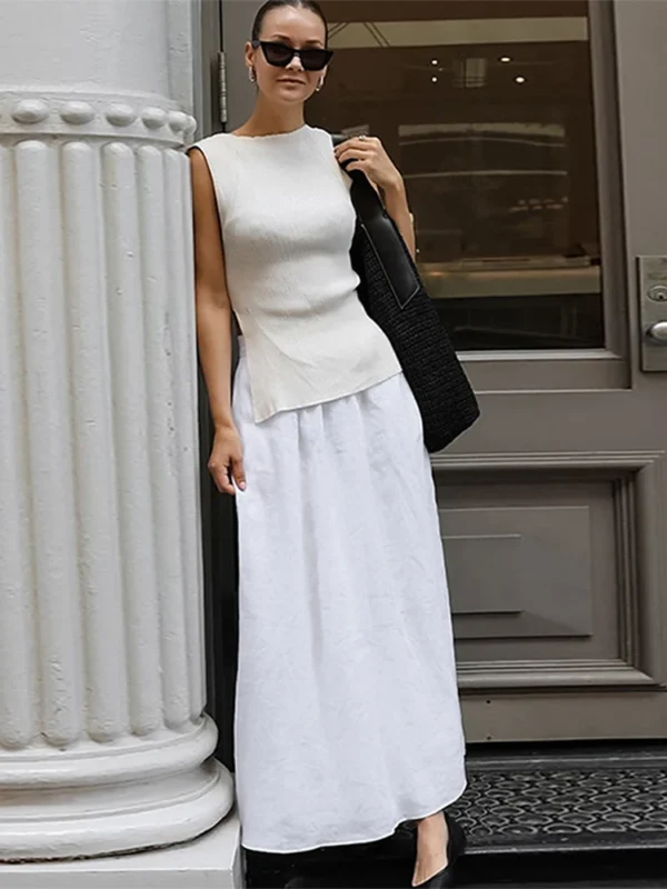 Solid Cotton Linen High Waist Pleated A-Line Maxi Skirt Women Fashion
