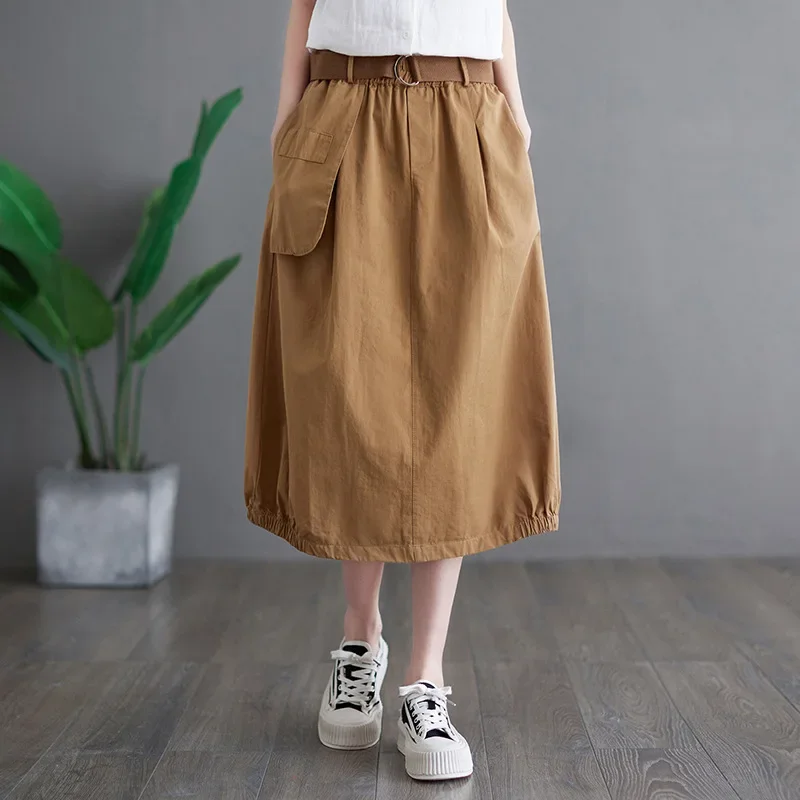 Summer New Cotton Solid Color A-Line Skirt Women High Waist Belt Retro Skirt - Image 3