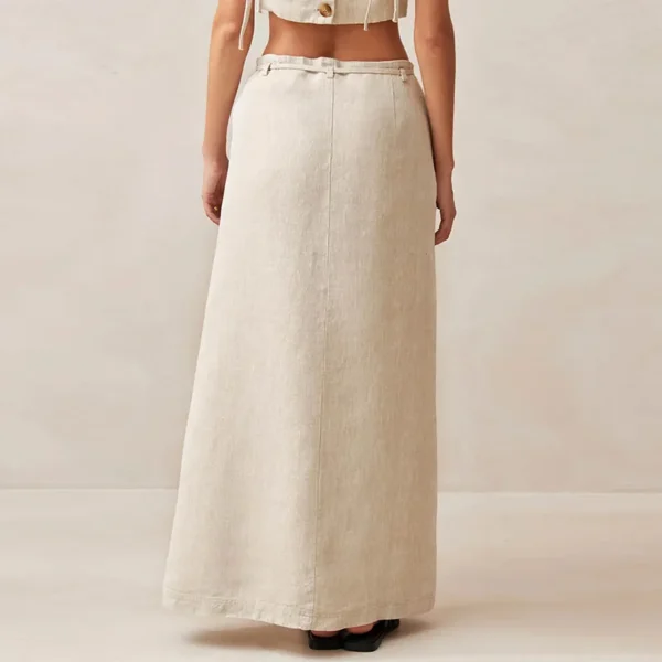 100% Linen Retro French Waist Tie Split Midi Skirt Women Summer Elegant - Image 5
