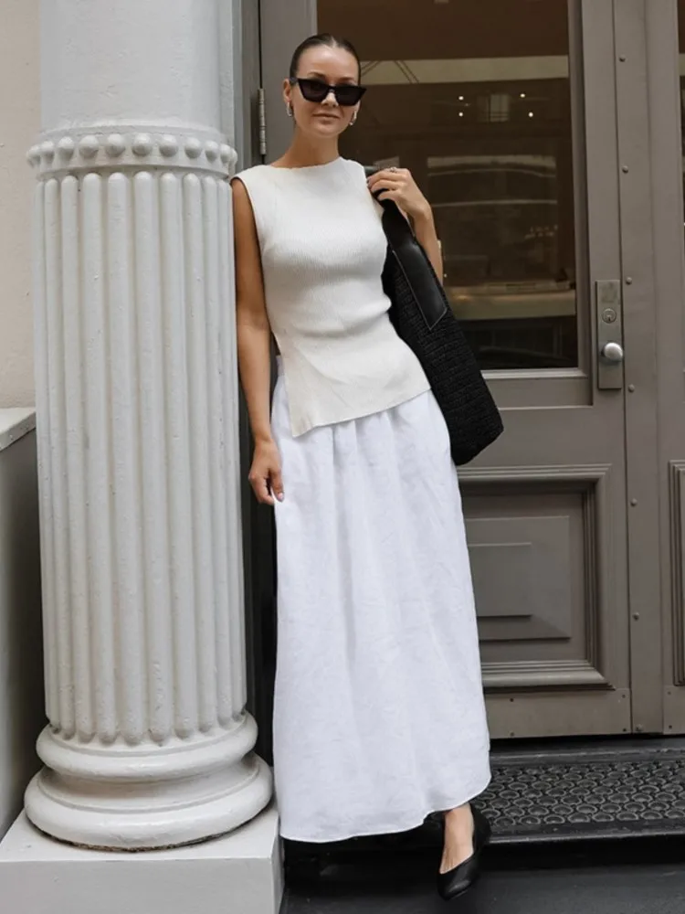 Cotton Linen White Long Skirt High Waist Casual Spring Autumn Skirt - Image 9