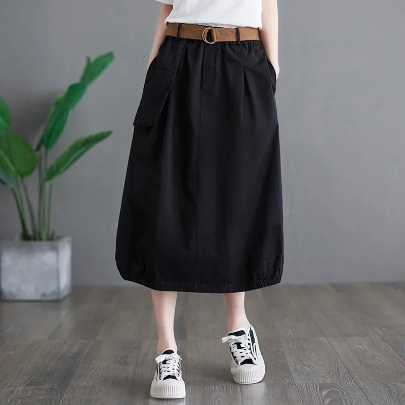 Summer New Cotton Solid Color A-Line Skirt Women High Waist Belt Retro Skirt - Image 4