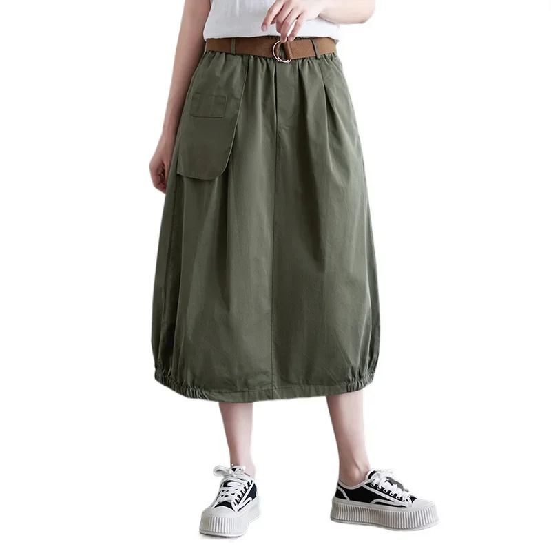 Summer New Cotton Solid Color A-Line Skirt Women High Waist Belt Retro Skirt - Image 9