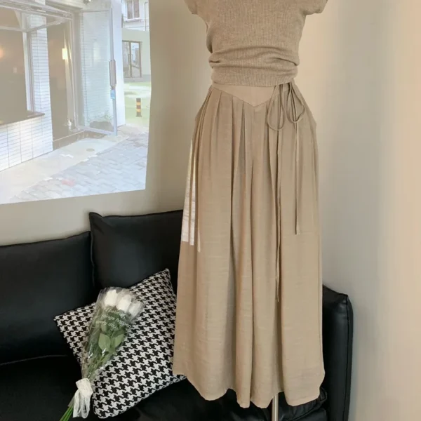 Cotton Linen High Waisted Wide Leg Skirt Pants Summer Casual Korean - Image 5