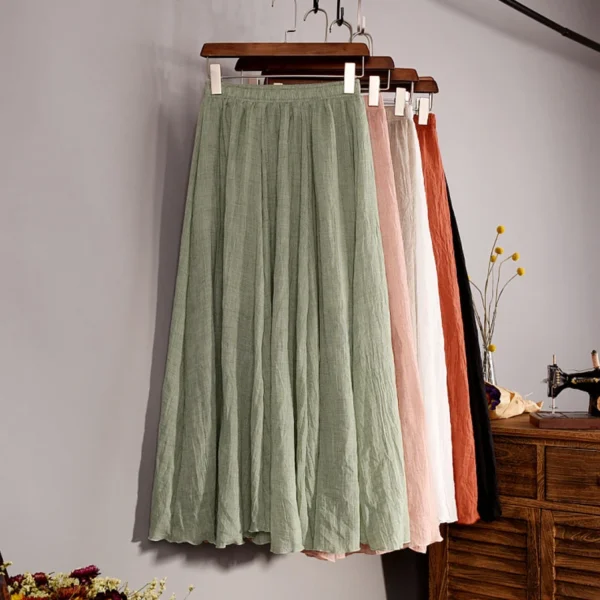 Vintage Cotton Linen Pleated Maxi Skirt Women Summer Beach Wear - Image 3