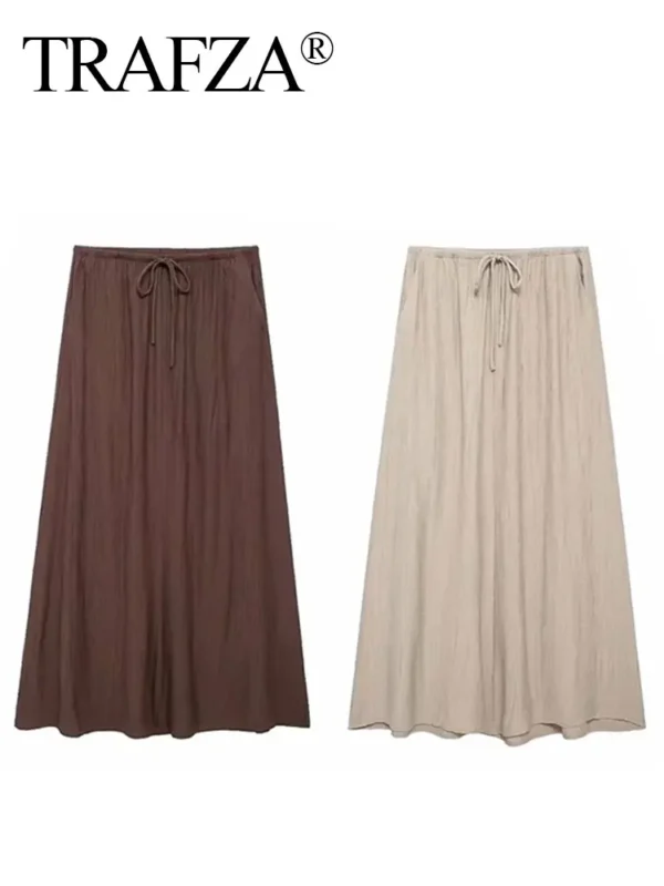 Women Casual Loose Midi Skirt Drawstring Elegant Summer Fashion