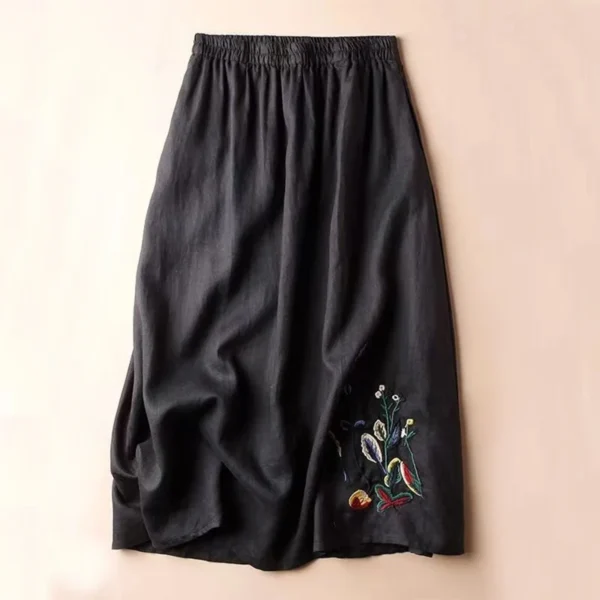 Vintage Cotton Linen Skirt Women High Waist Embroidery A-Line Midi Skirt - Image 2