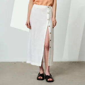 Summer Linen Cotton Skirt High Waist Side Split Casual Mid-Length Style