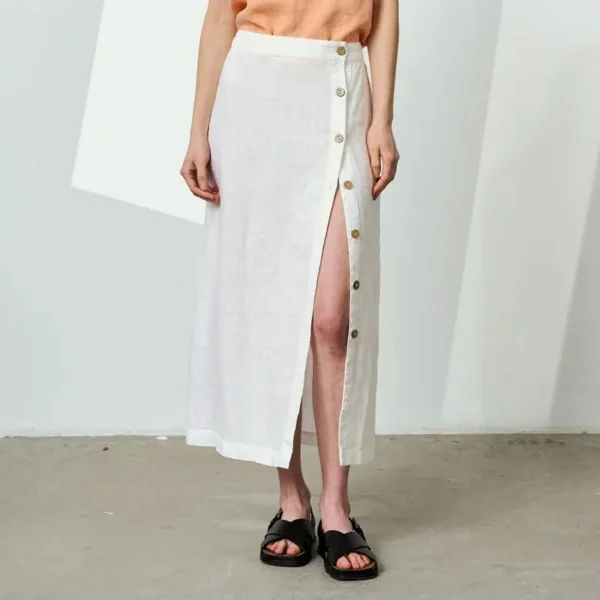 Summer Linen Cotton Skirt High Waist Side Split Casual Mid-Length Style