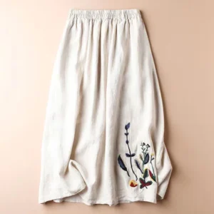Vintage Cotton Linen Skirt Women High Waist Embroidery A-Line Midi Skirt