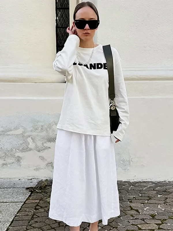 Solid Cotton Linen High Waist Pleated A-Line Maxi Skirt Women Fashion - Image 3