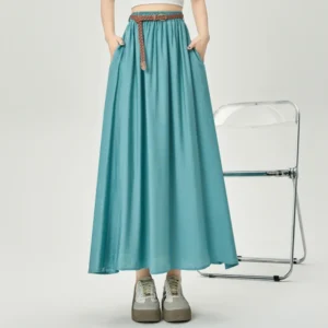 Summer Cotton Linen High Waist A-Line Midi Skirt Women Casual Elegant